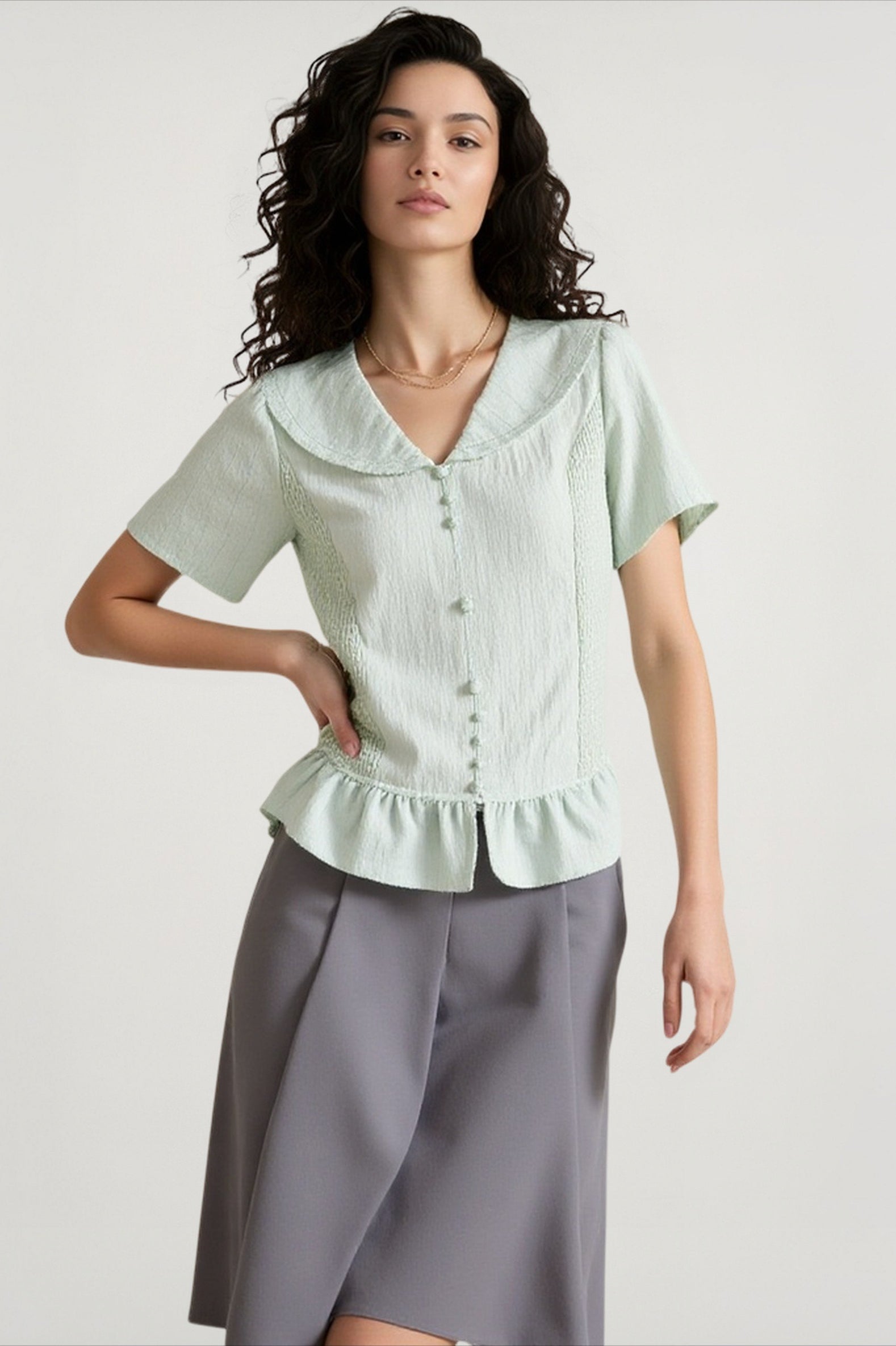 Linen Stripe V Neck Tie Waist Blouse
