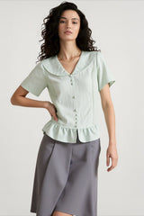 Linen Stripe V Neck Tie Waist Blouse