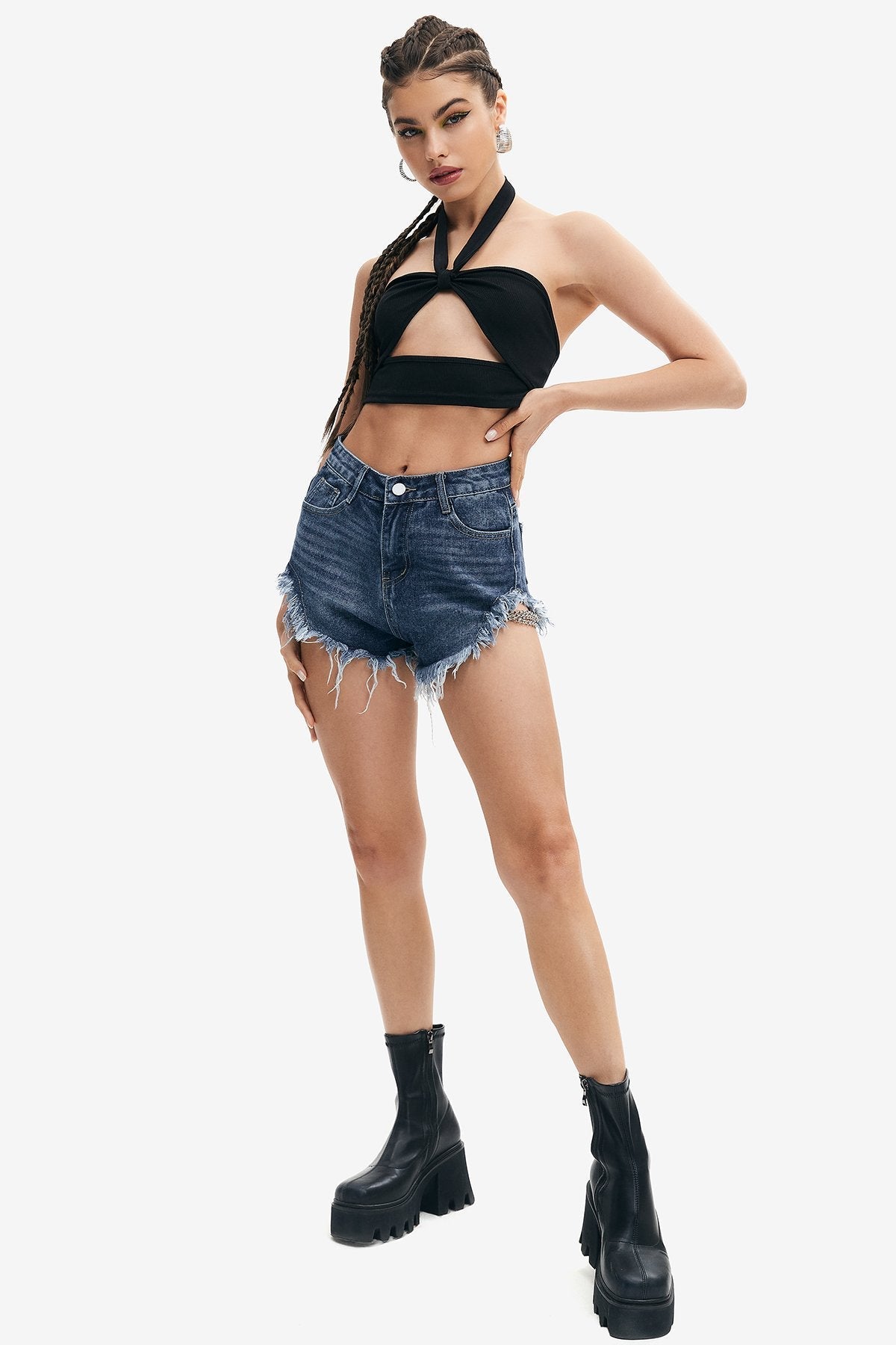 High Waist Frayed Chain Detail Denim Shorts