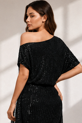Asymmetric Shoulder Sequined Fitted Irregular Mini Dress
