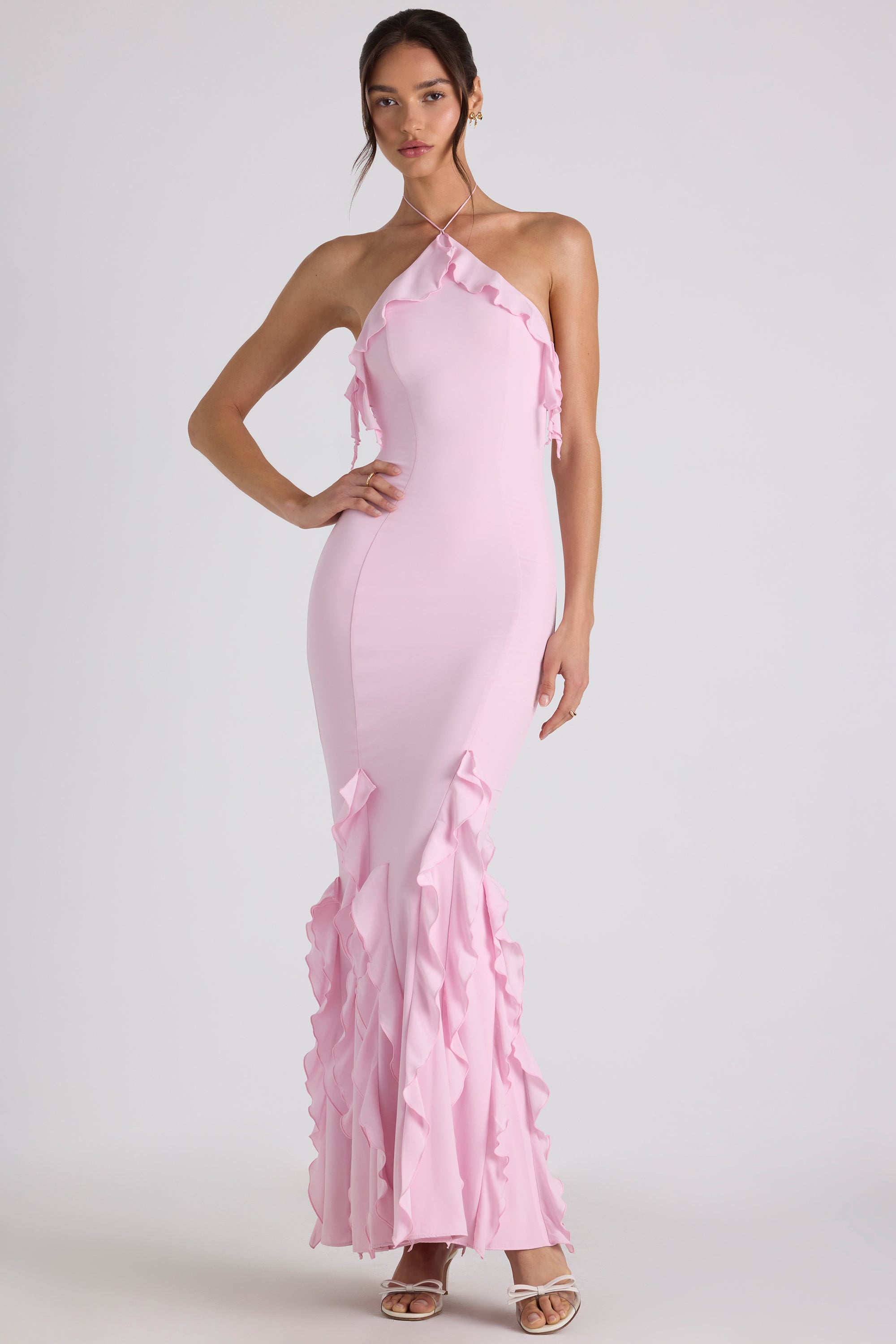 Ruffle-Trim Halterneck Gown
