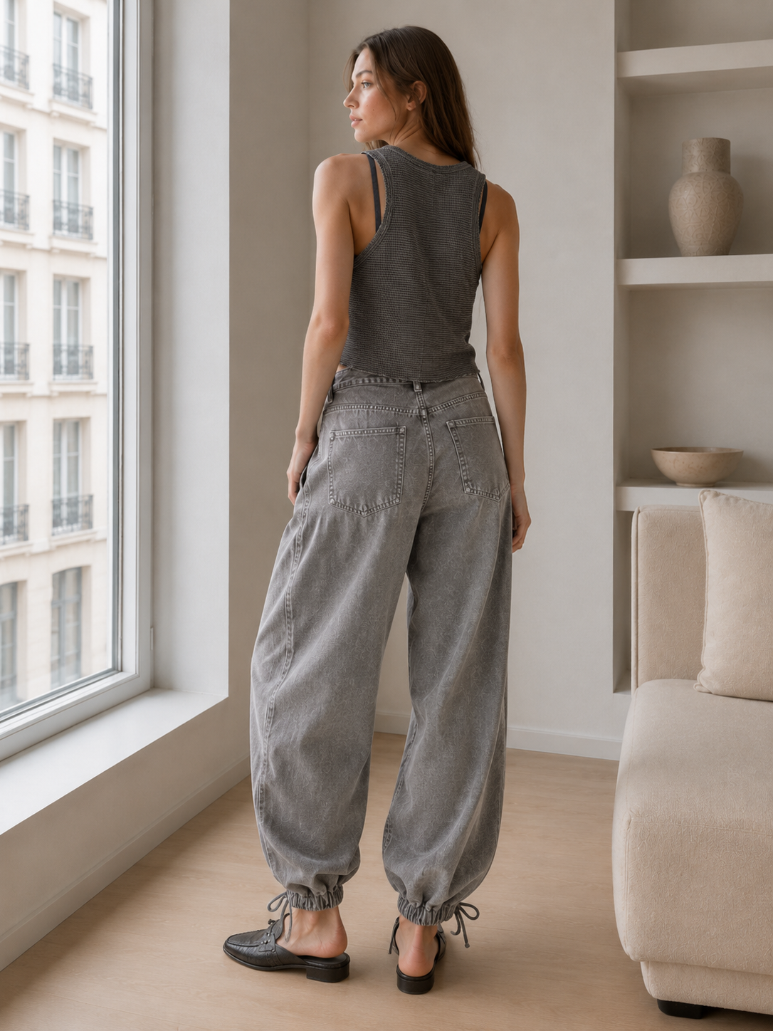 Ruched Mid Rise Wide Leg Jeans