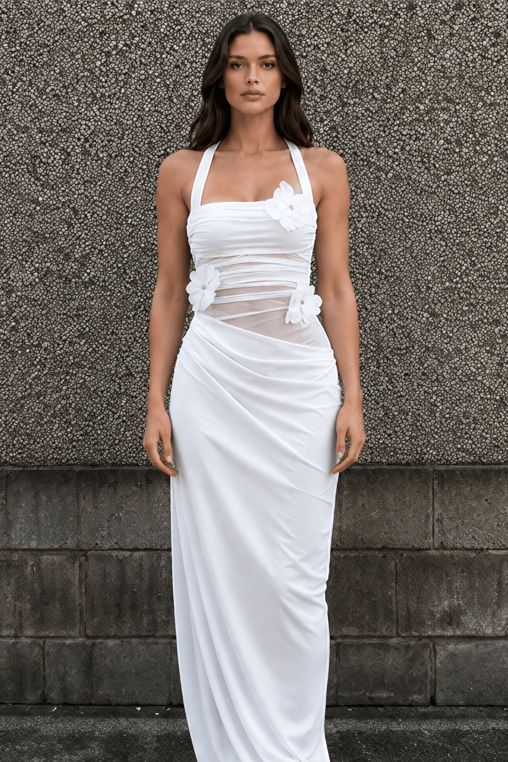 3D Floral Patchwork Halter Slim Cutout Waist Maxi Dress