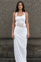 3D Floral Patchwork Halter Slim Cutout Waist Maxi Dress