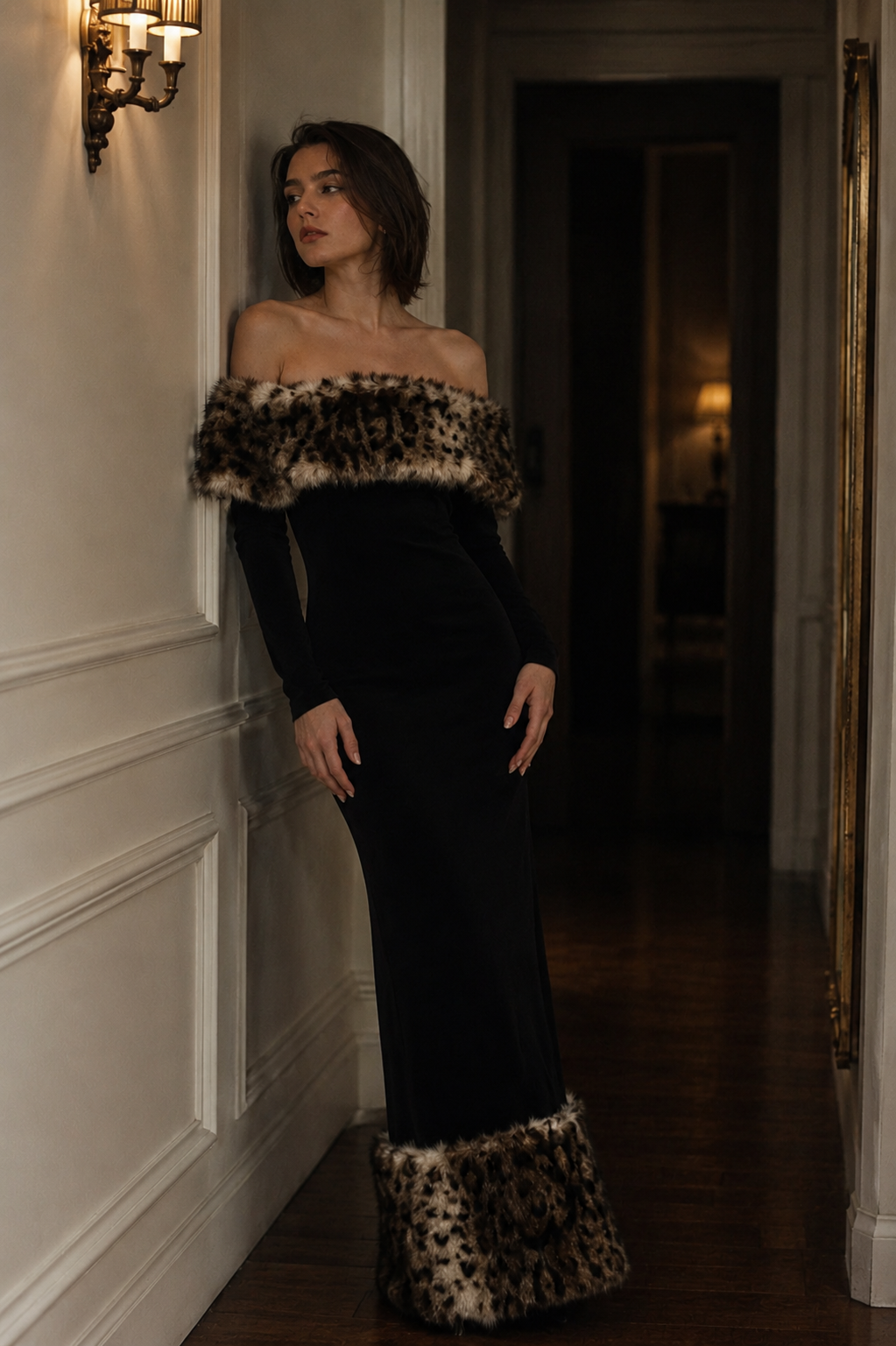 Sexy Off-shoulder Leopard Print Fur Trim Bodycon Maxi Dress