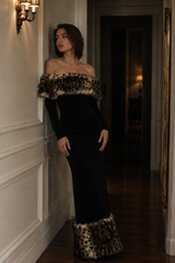 Sexy Off-shoulder Leopard Print Fur Trim Bodycon Maxi Dress