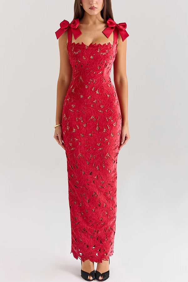 Floral Jacquard  Bow Straps Dress