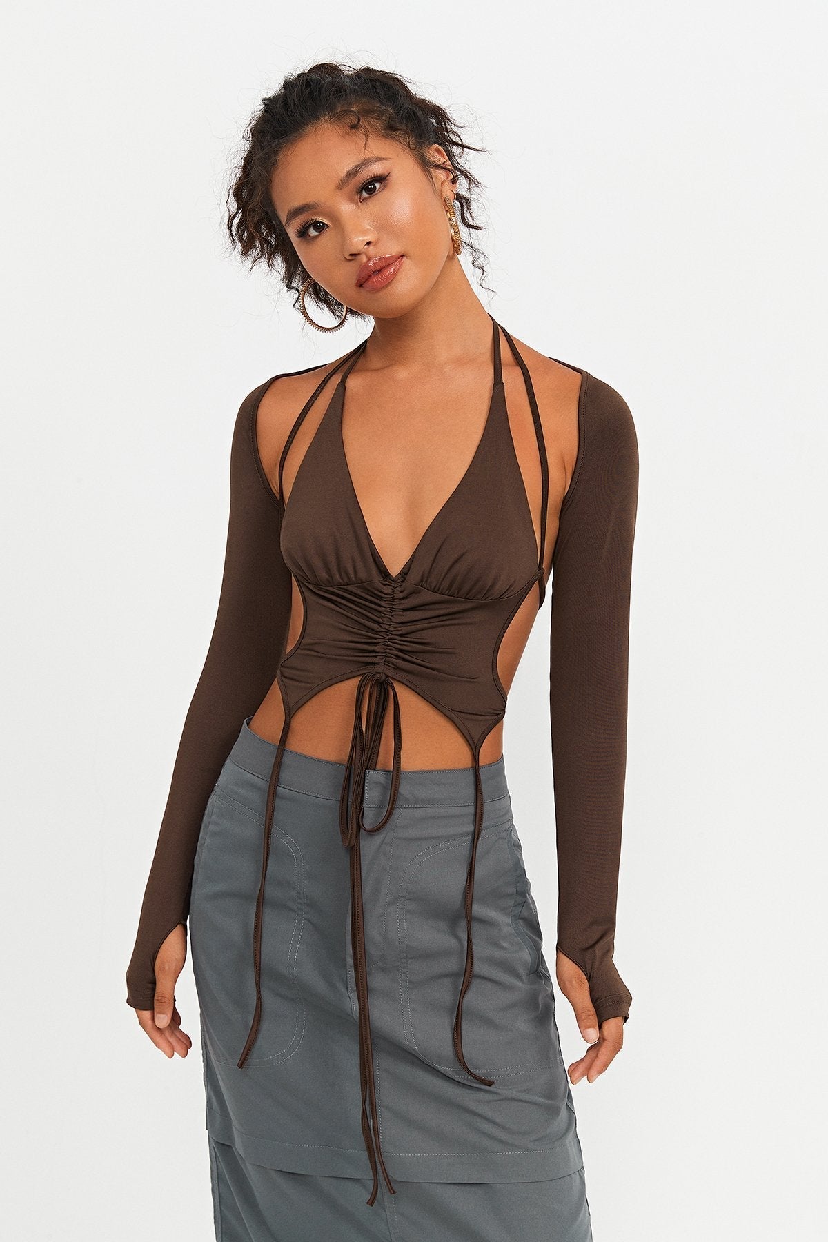 Two Piece Open Back Drawstring Ruched Crop Top