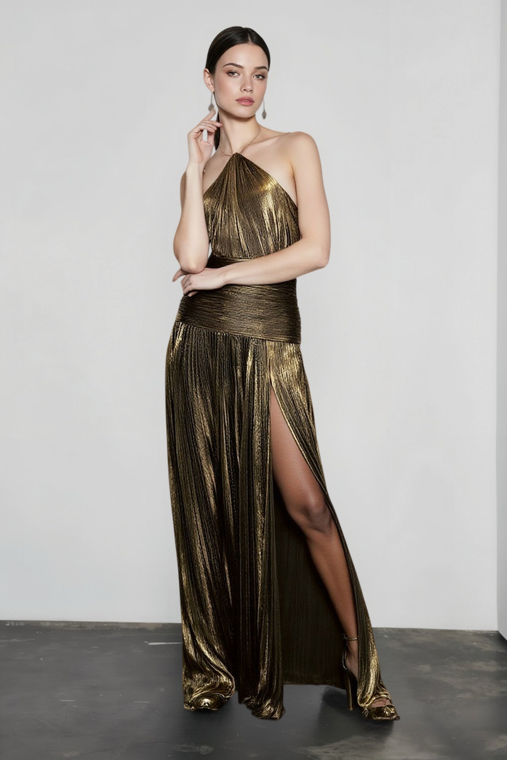 Metallic Pleated Slit Tie Halter Sleeveless Formal Dress