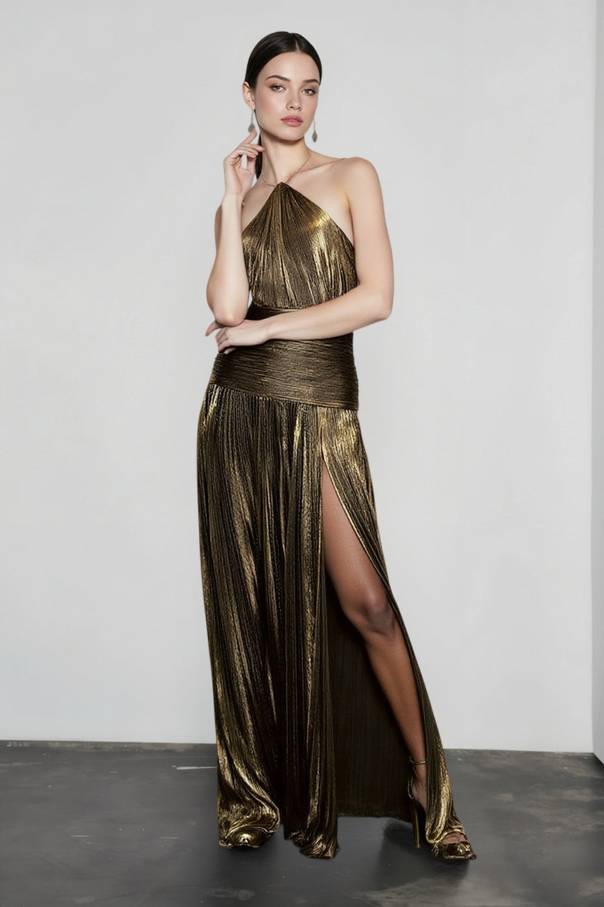 Metallic Pleated Slit Tie Halter Sleeveless Formal Dress