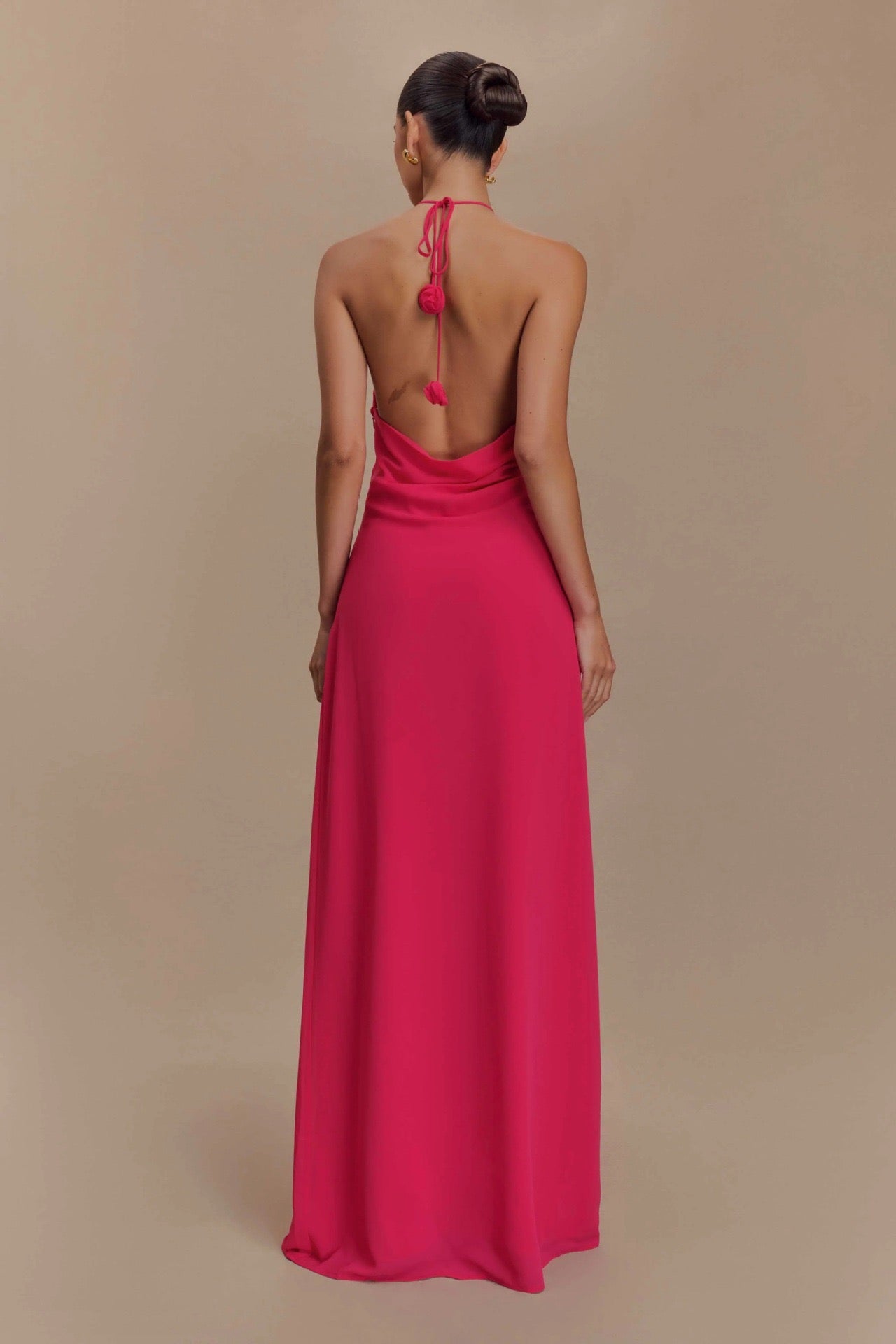 Satin Rosette Decor Halter Long Dress