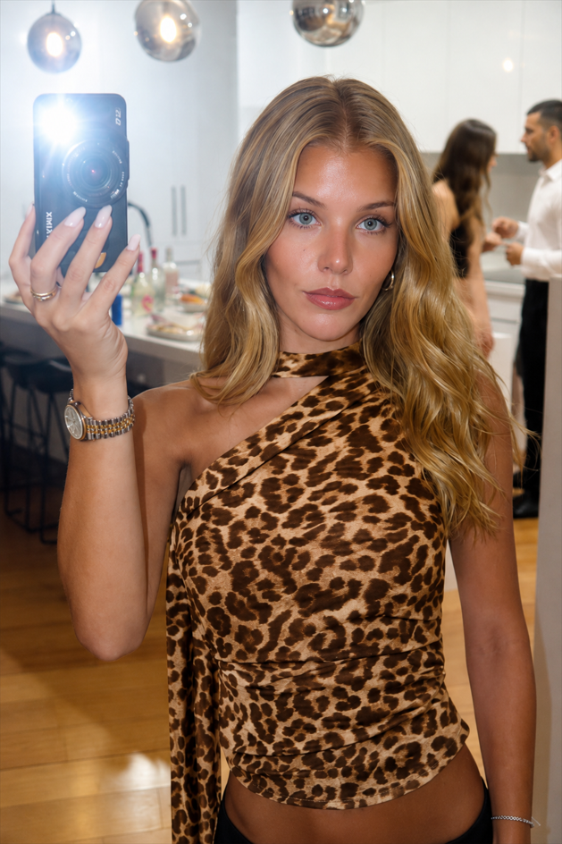 Leopard Asym Shoulder Sleeveless Halter Top