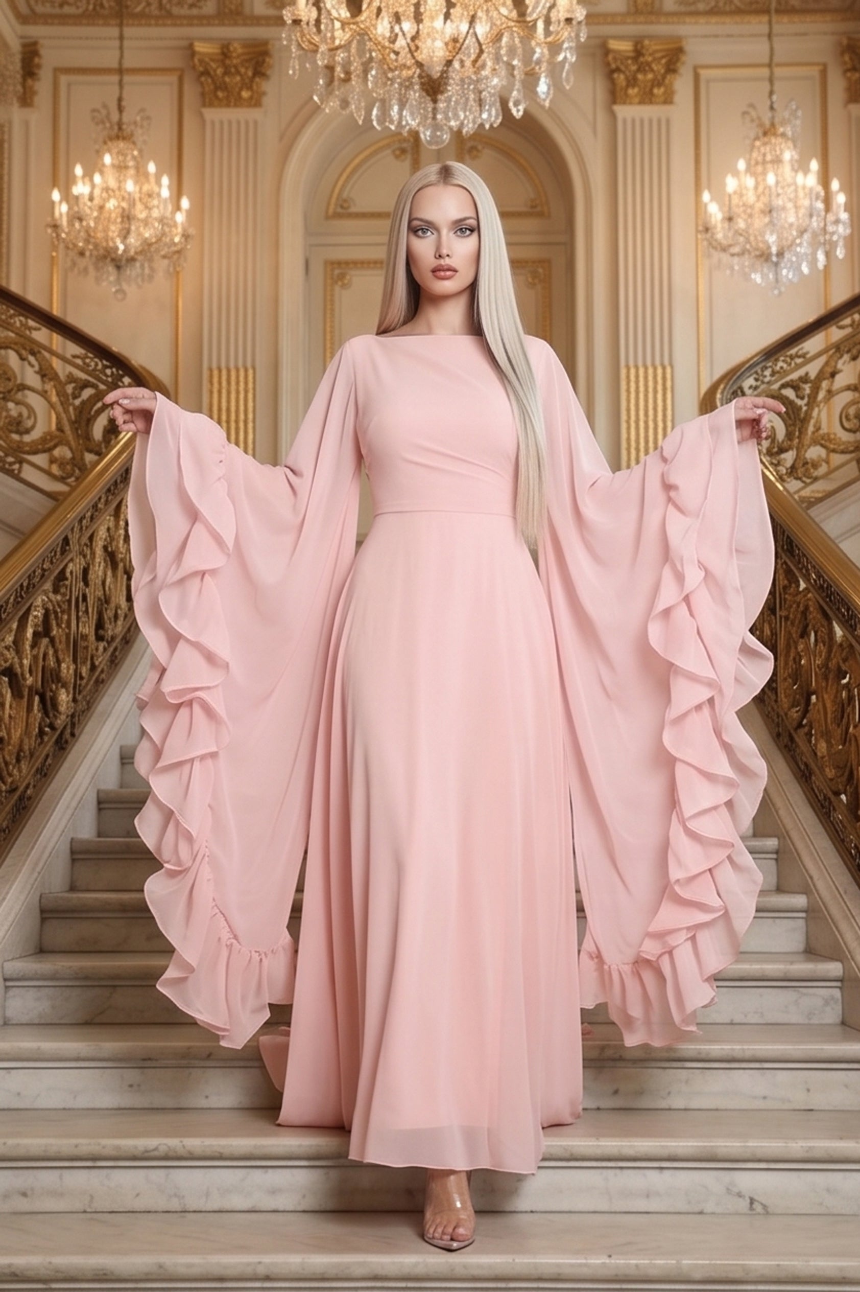 Ruffle Flared Sleeve Tulle Puff Tiered Maxi Dress