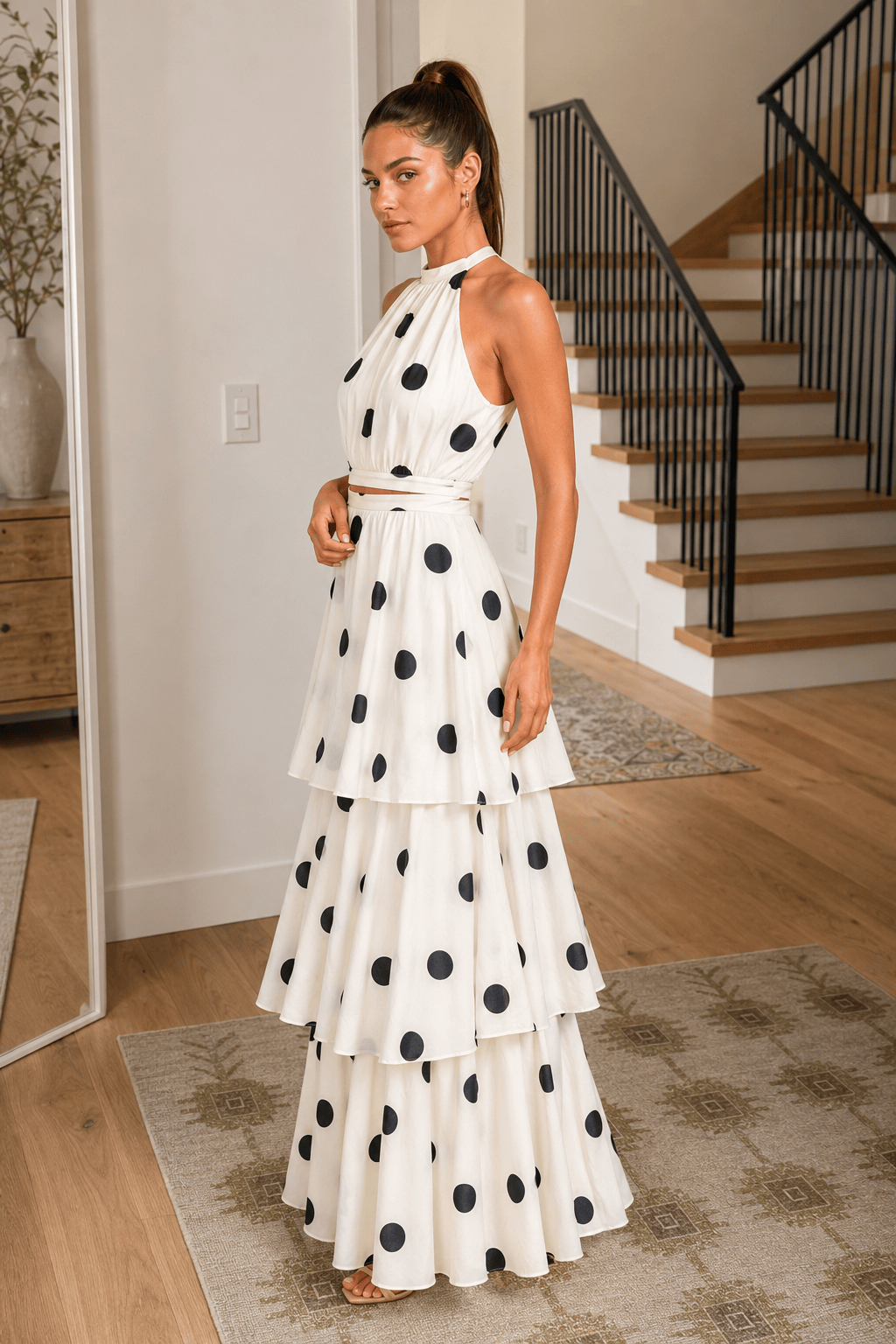 Polka Dot Halter Sleeveless Top Tiered Skirt Set