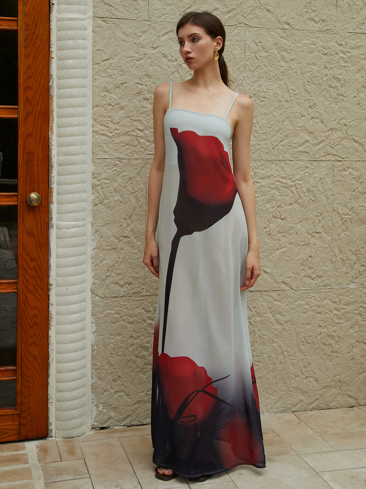 Sheer Large Floral Print Cami Long Dress