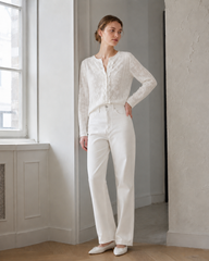 Soft-Style Stand-Collar Frog-Button Lace Cutout Cardigan