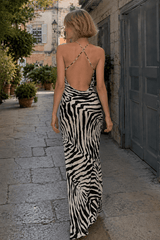 Sheer Zebra Print Tie Waist Maxi Dress