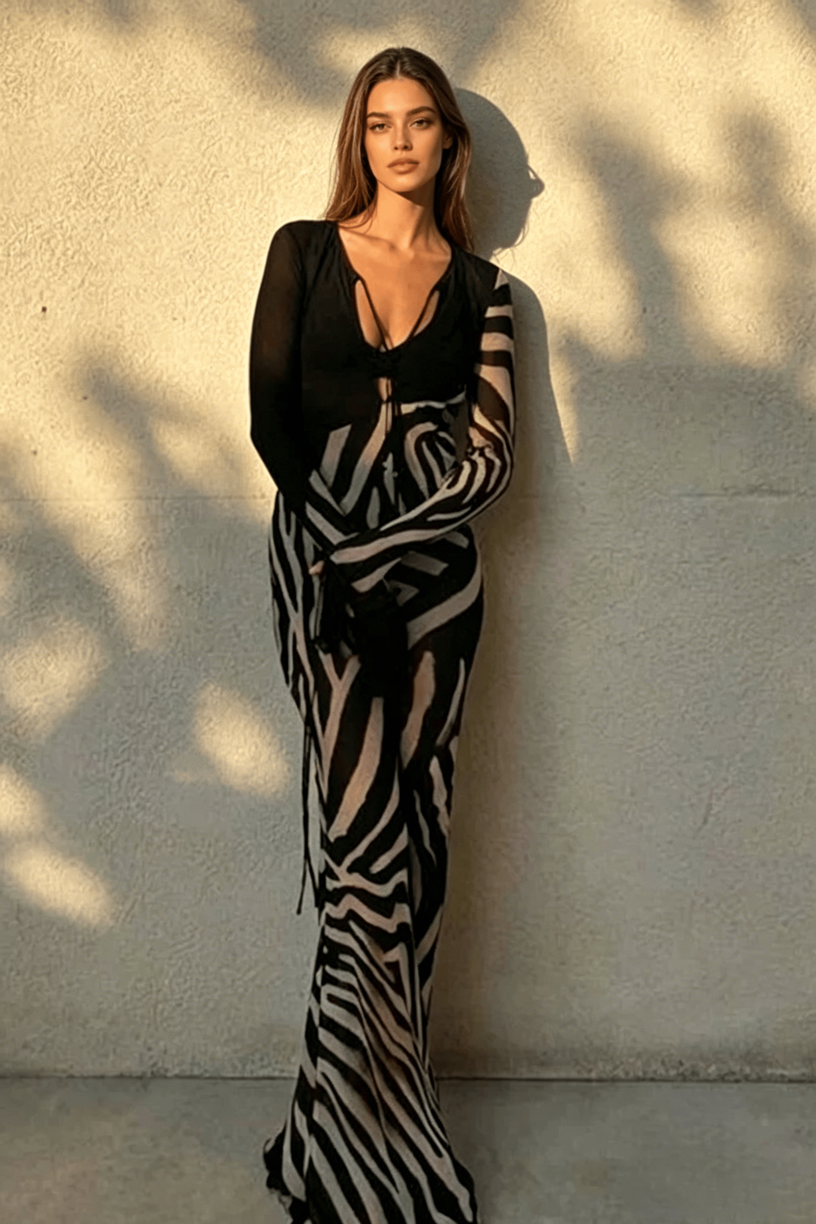 Chiffon V-Neck Slim Fit Long Sleeve Maxi Dress