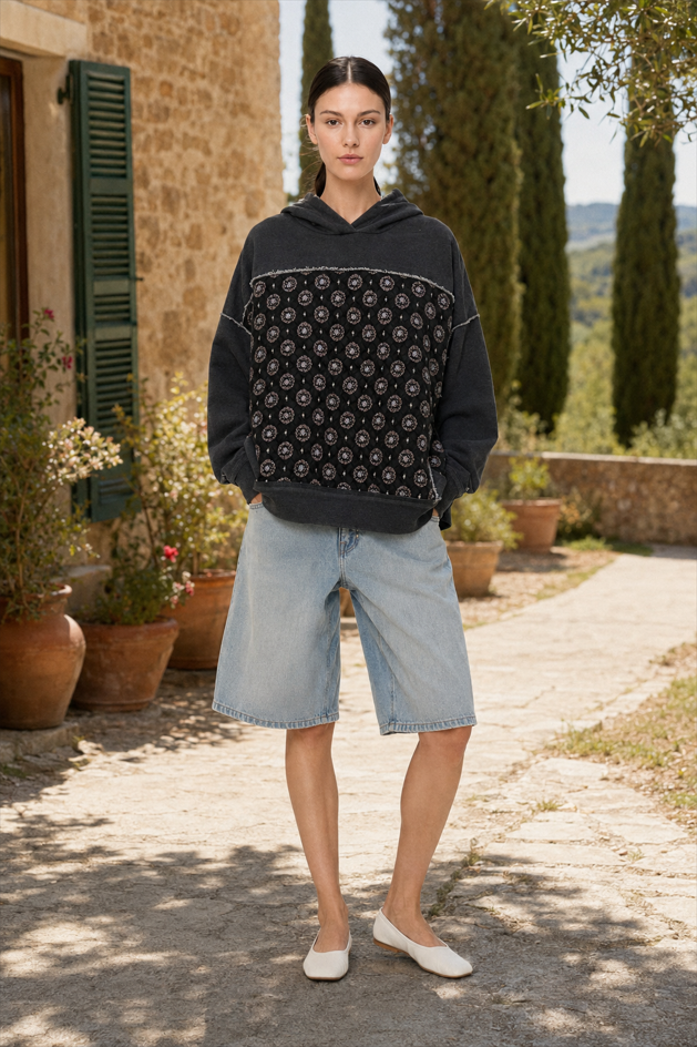Embroidered Panel Design Casual Pullover Hoodie