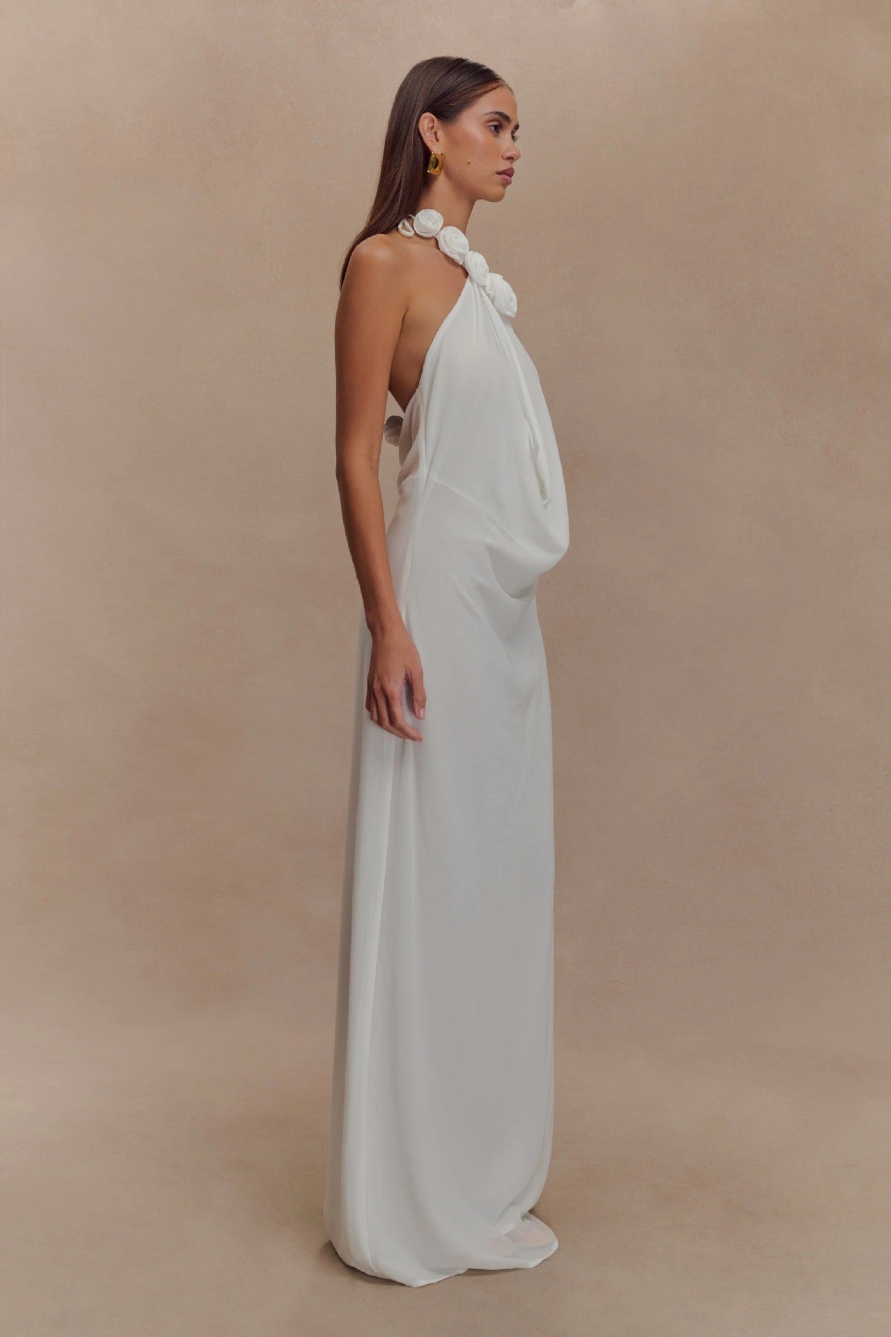 Satin Rosette Decor Halter Long Dress