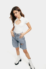 Lapel Neck Cut Out Short Sleeve Solid Bodysuit