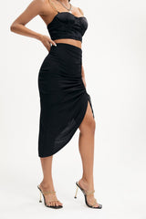 Drawstring Ruched Asymmetrical Hem Midi Skirt
