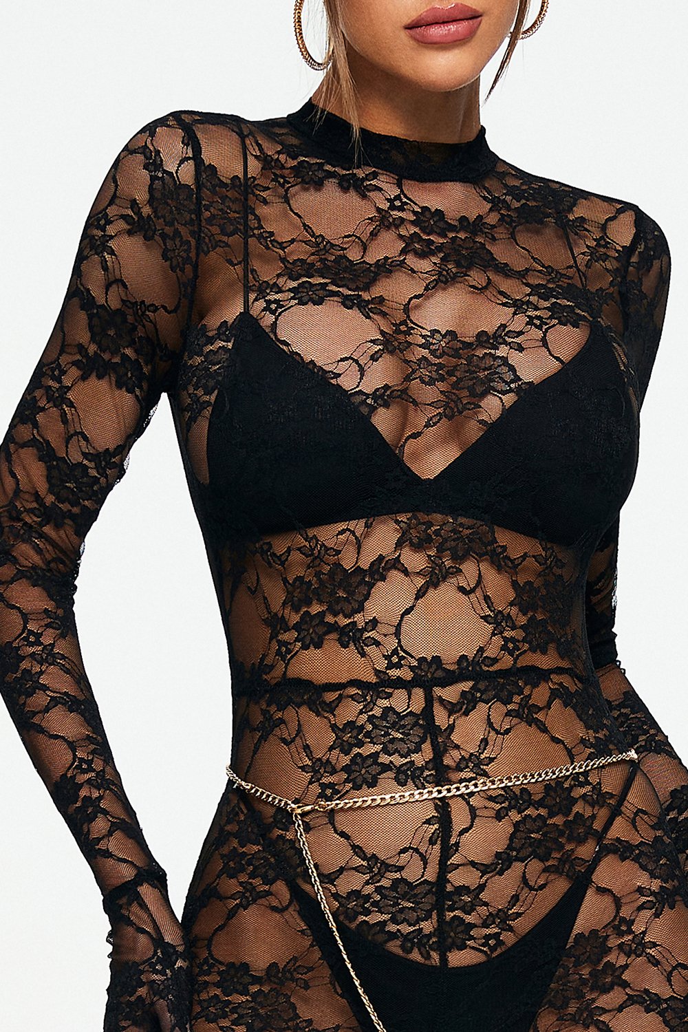 Mock Neck Lace Long Sleeve Jumpsuit Without Underwear & Waist Chain