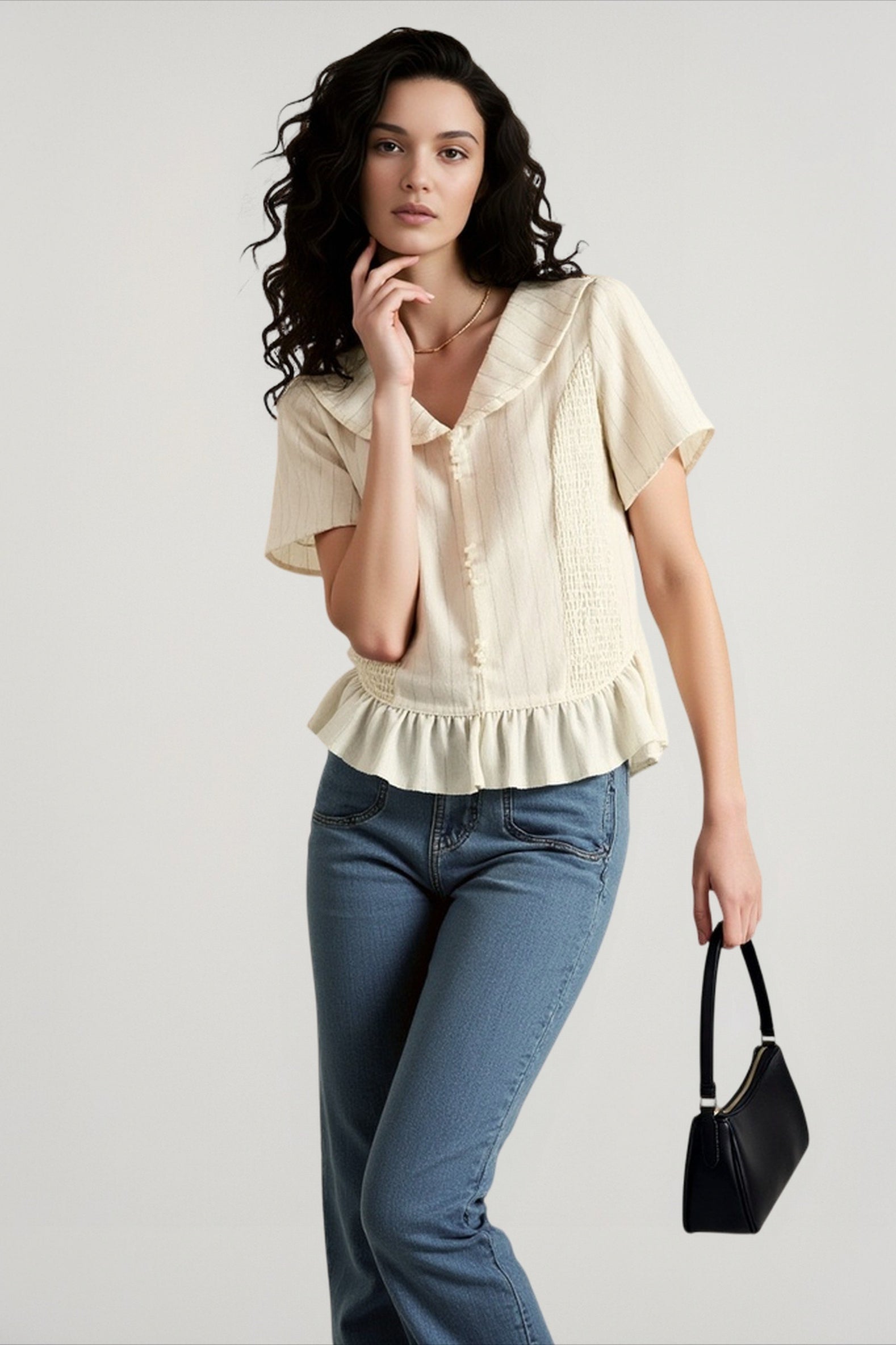Linen Stripe V Neck Tie Waist Blouse