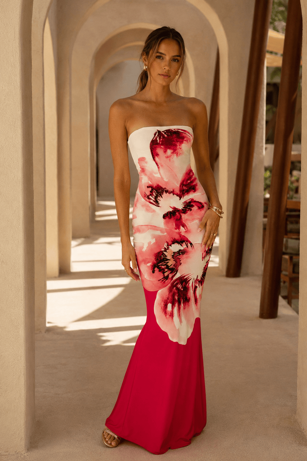 Sexy Bandeau Mermaid Floral Print Maxi Dress