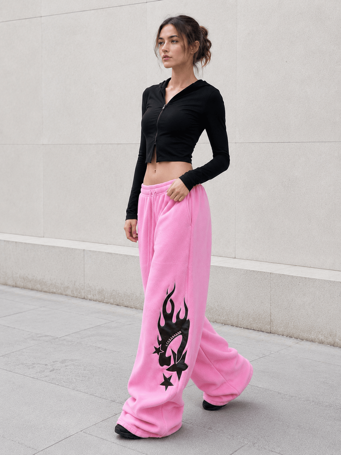 Thickened Flame Print Drawstring Wide-Leg Pants