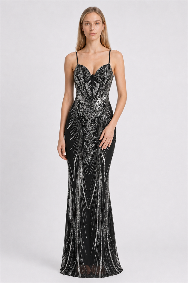 Boned Sequin Embroidered Formal Dress