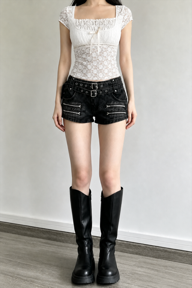 Square Neck Lace Spliced Tie Slim Blouse