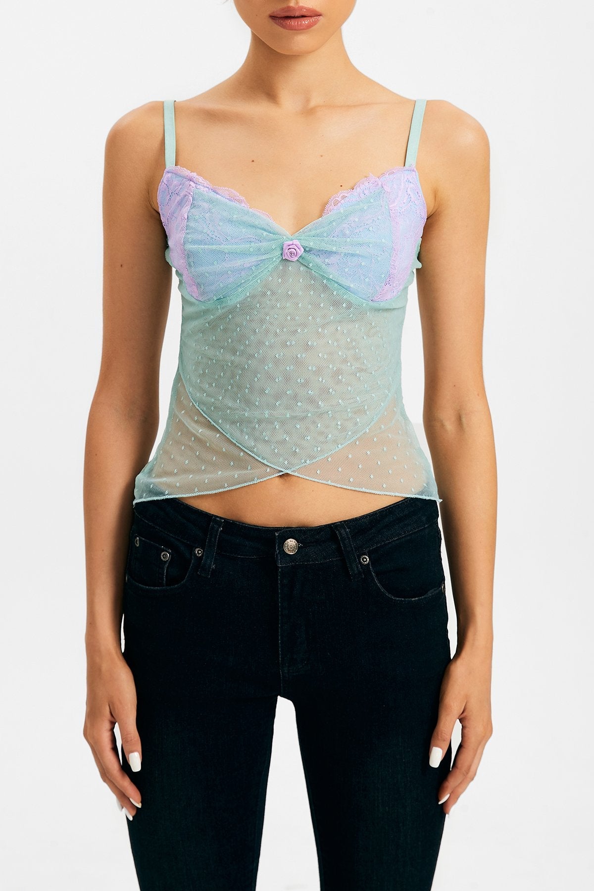 Lace Trim Polka Dot Cross Hem Mesh Crop Top