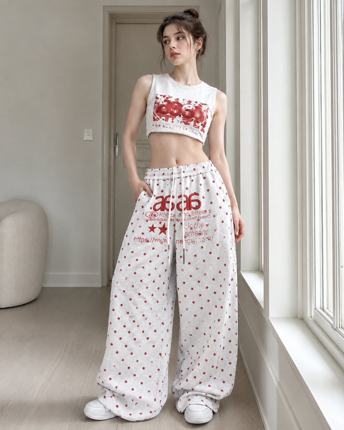 Star Letter Embroidered Cotton Baggy Sweat Pants