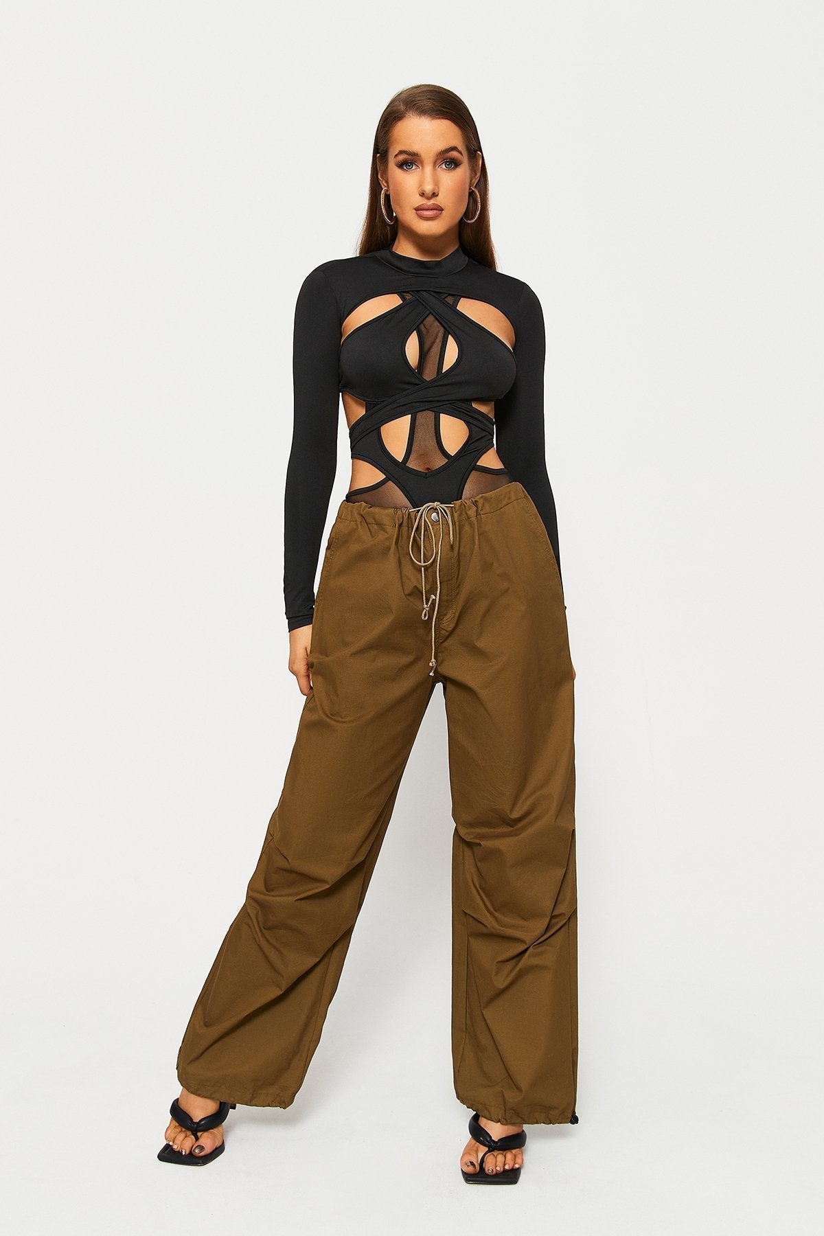 Cut Out Cross Over Tie Back Long Sleeve Bodysuit