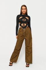 Cut Out Cross Over Tie Back Long Sleeve Bodysuit