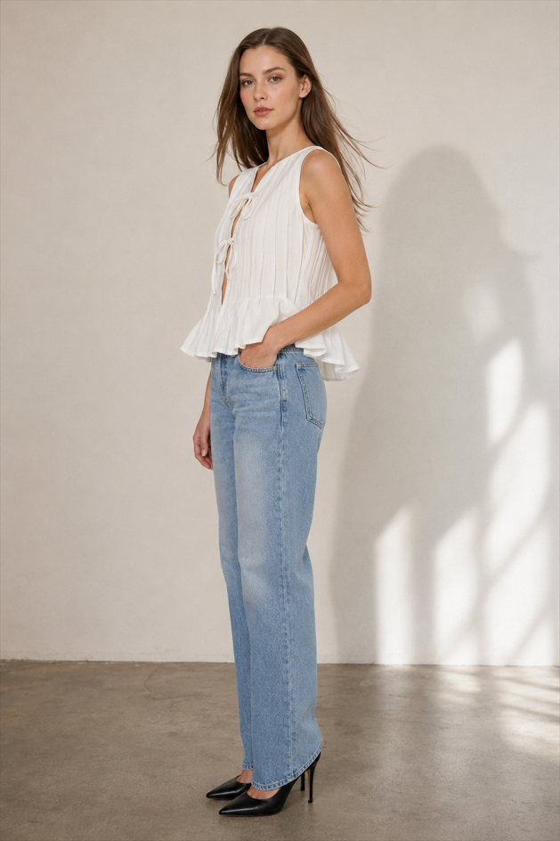 Solid Ruffled Tie Linen Cotton Shirt Tank Top
