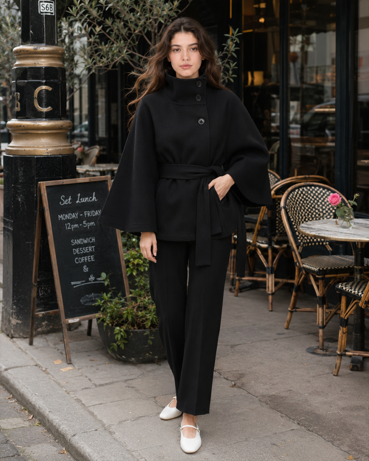 Button Up Stand Collar Cape Coat