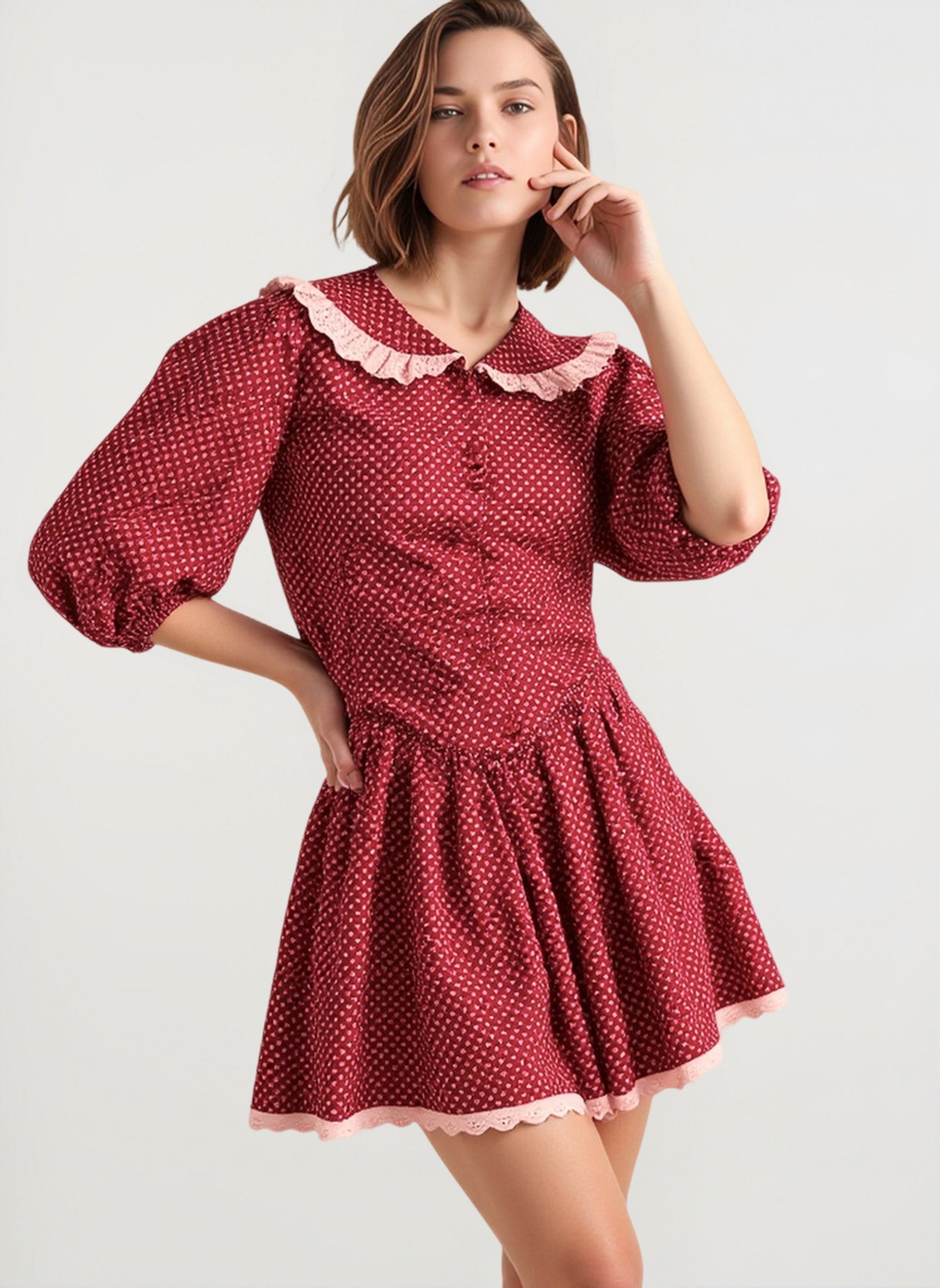 Vintage Polka Dot Peter Pan Collar Puff Sleeve Mini Dress