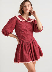 Vintage Polka Dot Peter Pan Collar Puff Sleeve Mini Dress