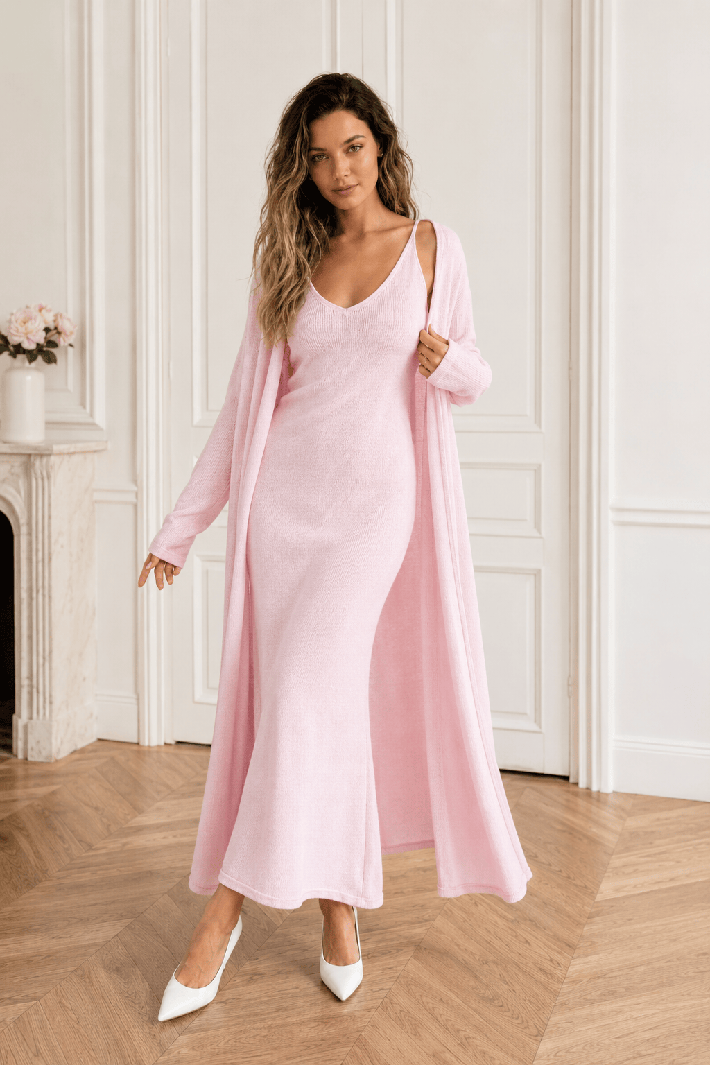 Soft Knit Cutout Tank Dress Long Sleeve Cardigan Two Piece Set