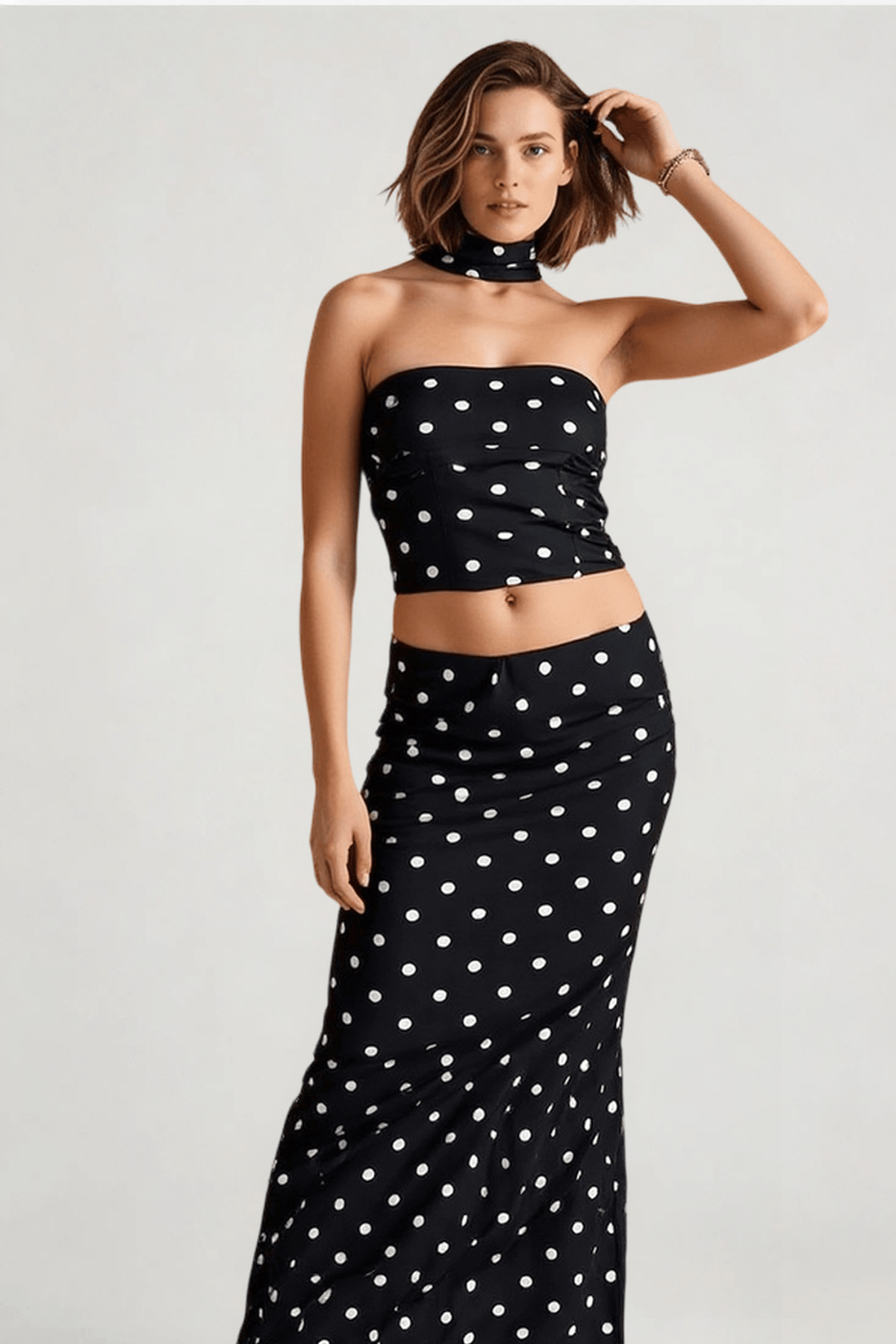 Polka Dot Strapless Crop Two Pieces Set