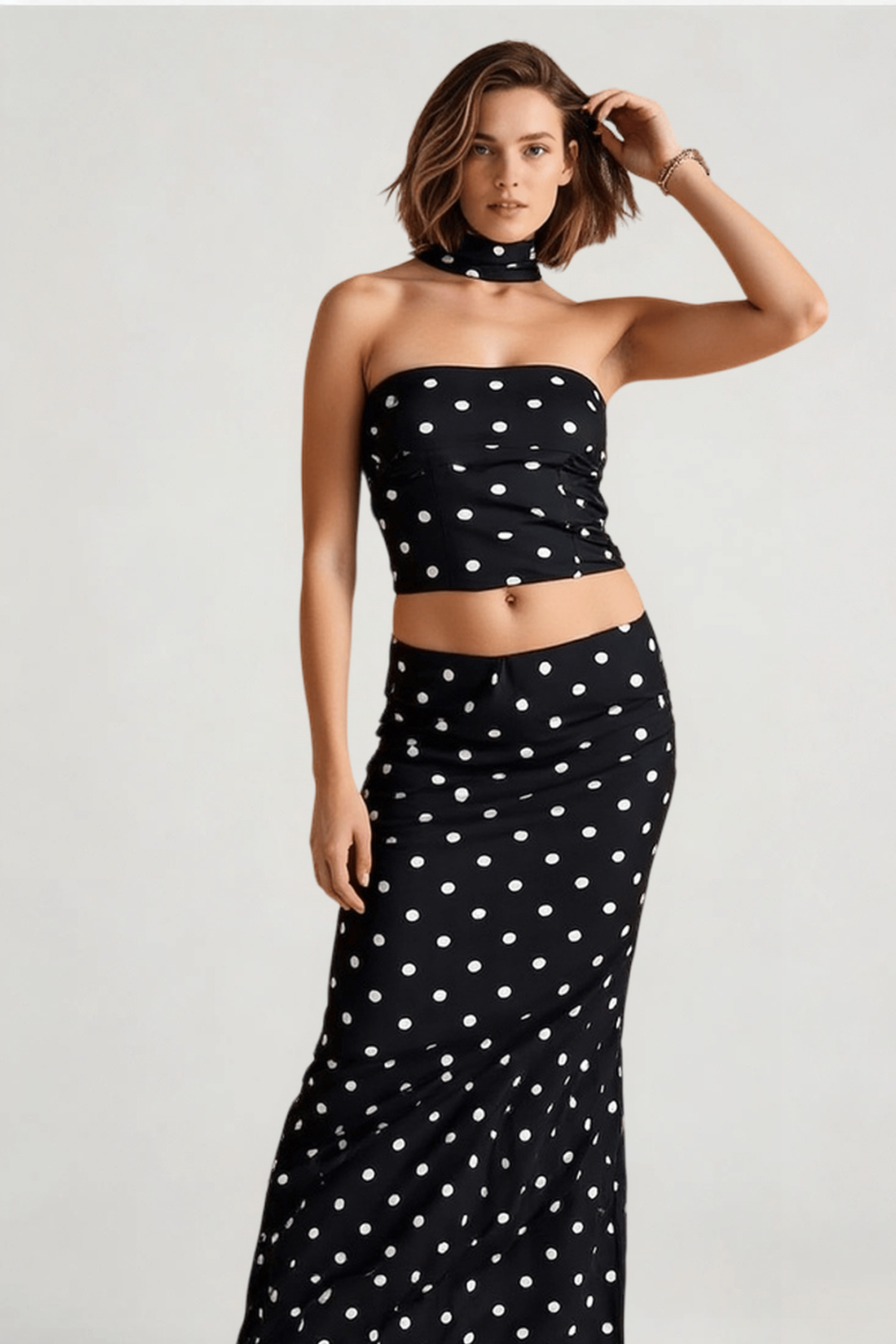 Polka Dot Strapless Crop Two Pieces Set