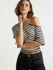 Vintage Asymmetrical Shoulder Striped Tie Waist T-shirt