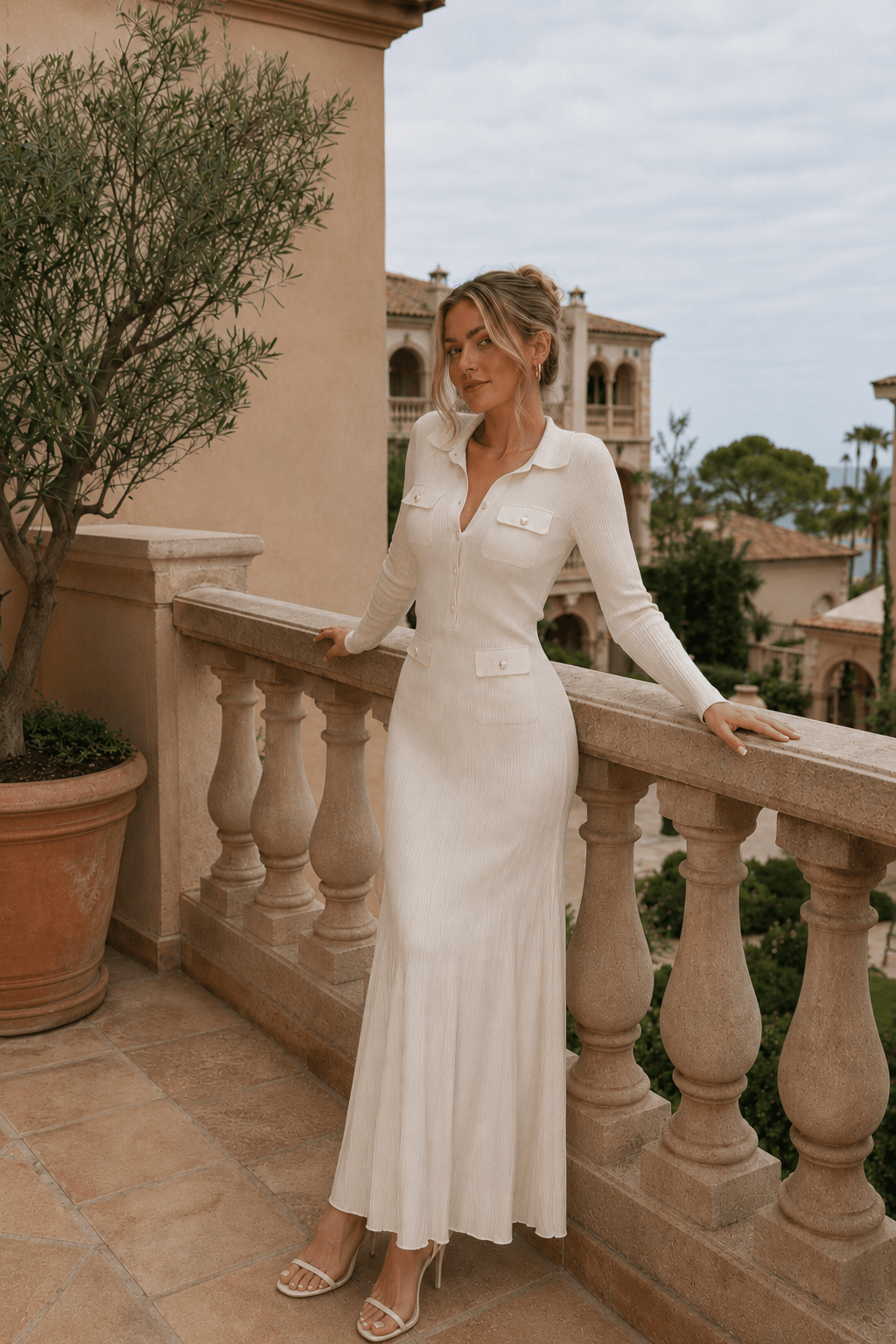 Elegant Tweed Knit Long Sleeve Midi Dress