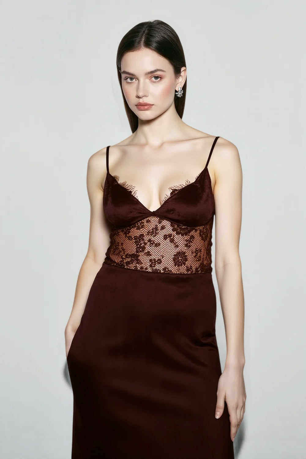 Elegant Sexy Deep V Sheer Lace Patchwork Maxi Dress