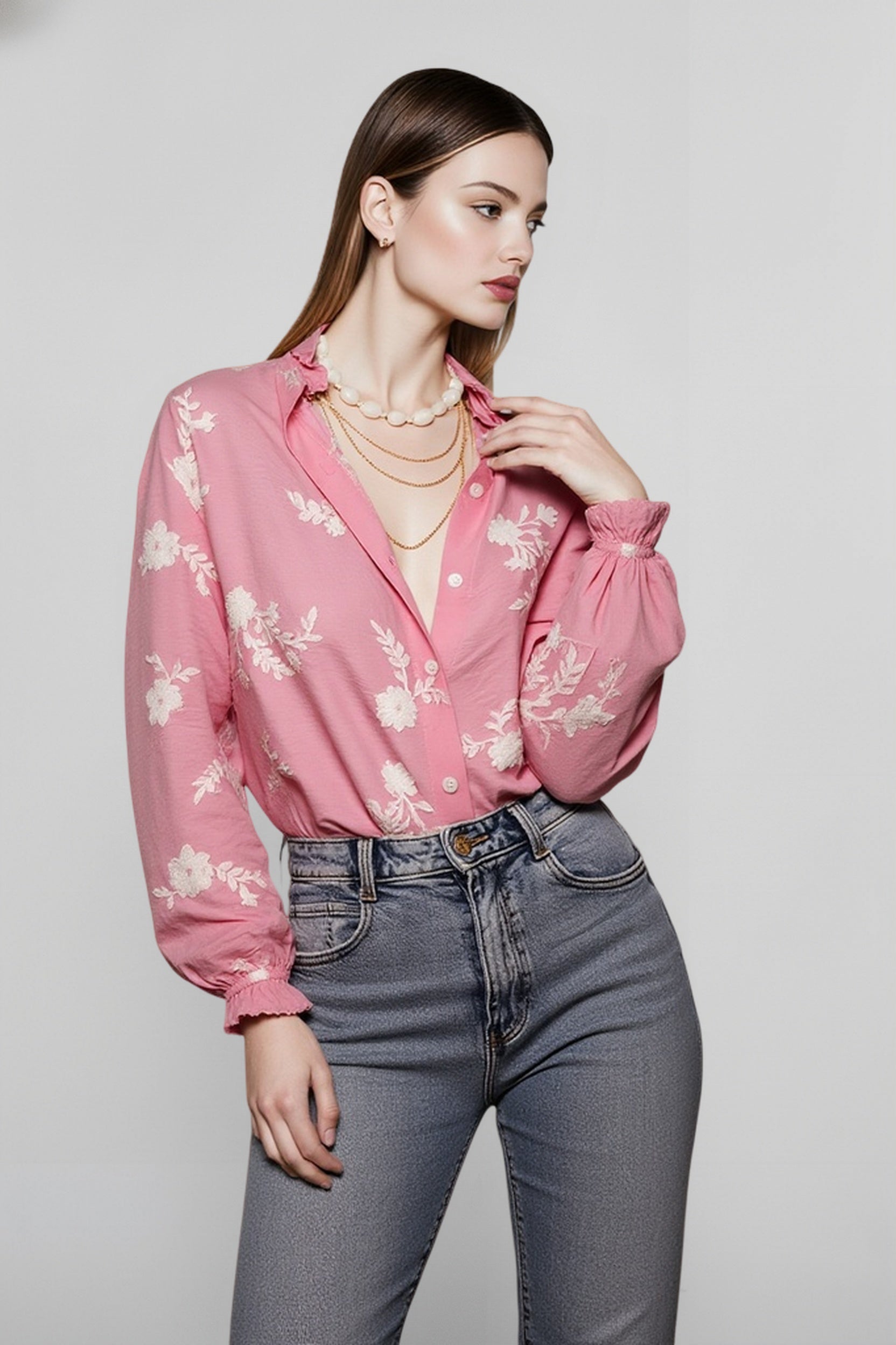 Printed Collared Lantern Sleeve Elegant Long Sleeve Blouse