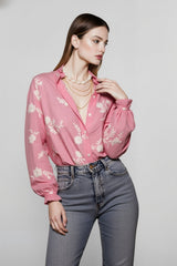 Printed Collared Lantern Sleeve Elegant Long Sleeve Blouse