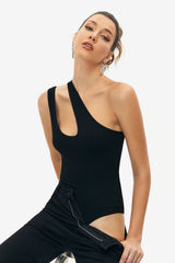 One Shoulder Cut Out Solid Bodysuit