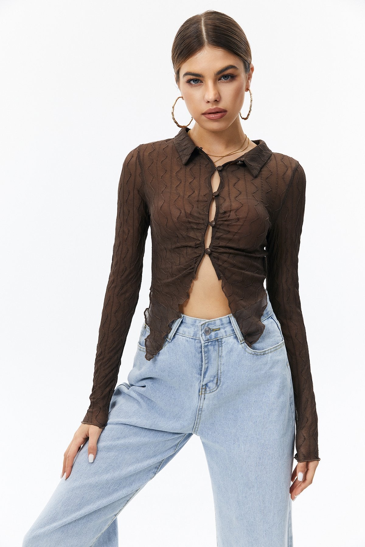 Lettuce Trim Split Hem Mesh Long Sleeve Top